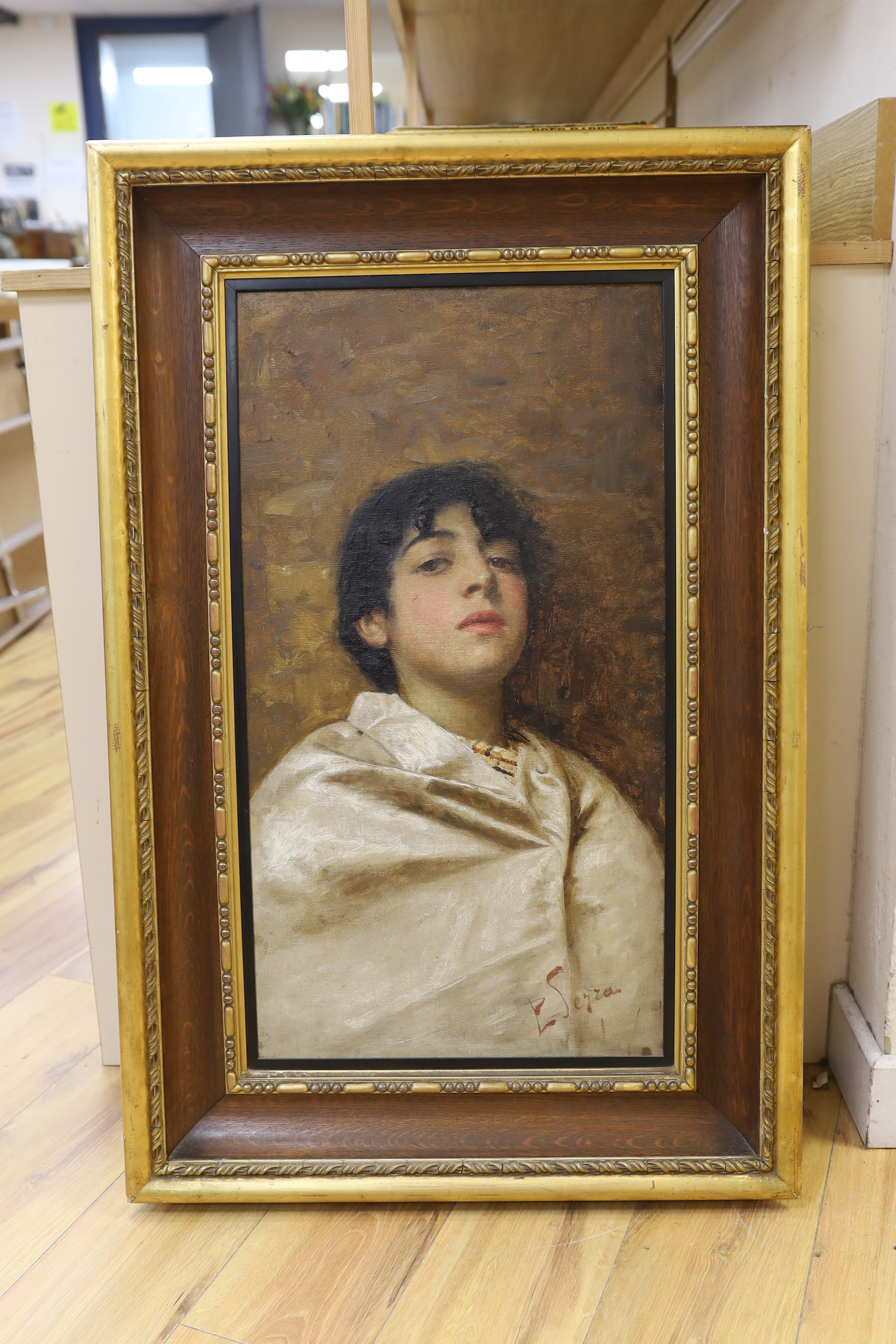 P.L. Seyza, oil on canvas, Portrait of a youth, signed, 72 x 39cm